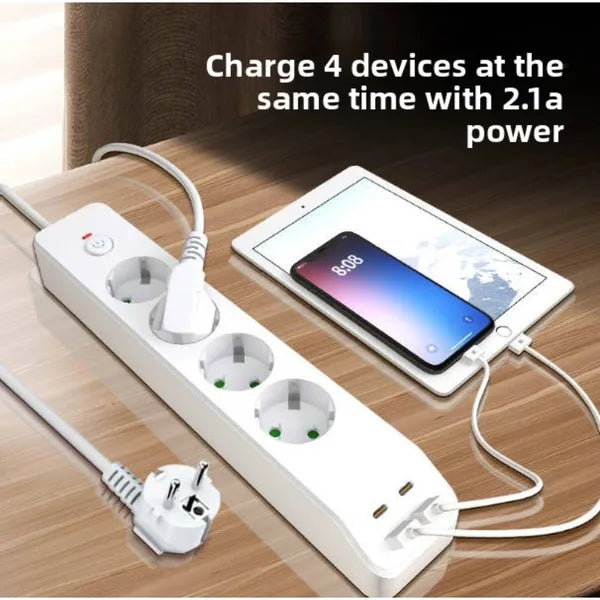 4-Way EU power strip with USB-A and USB-C ports
