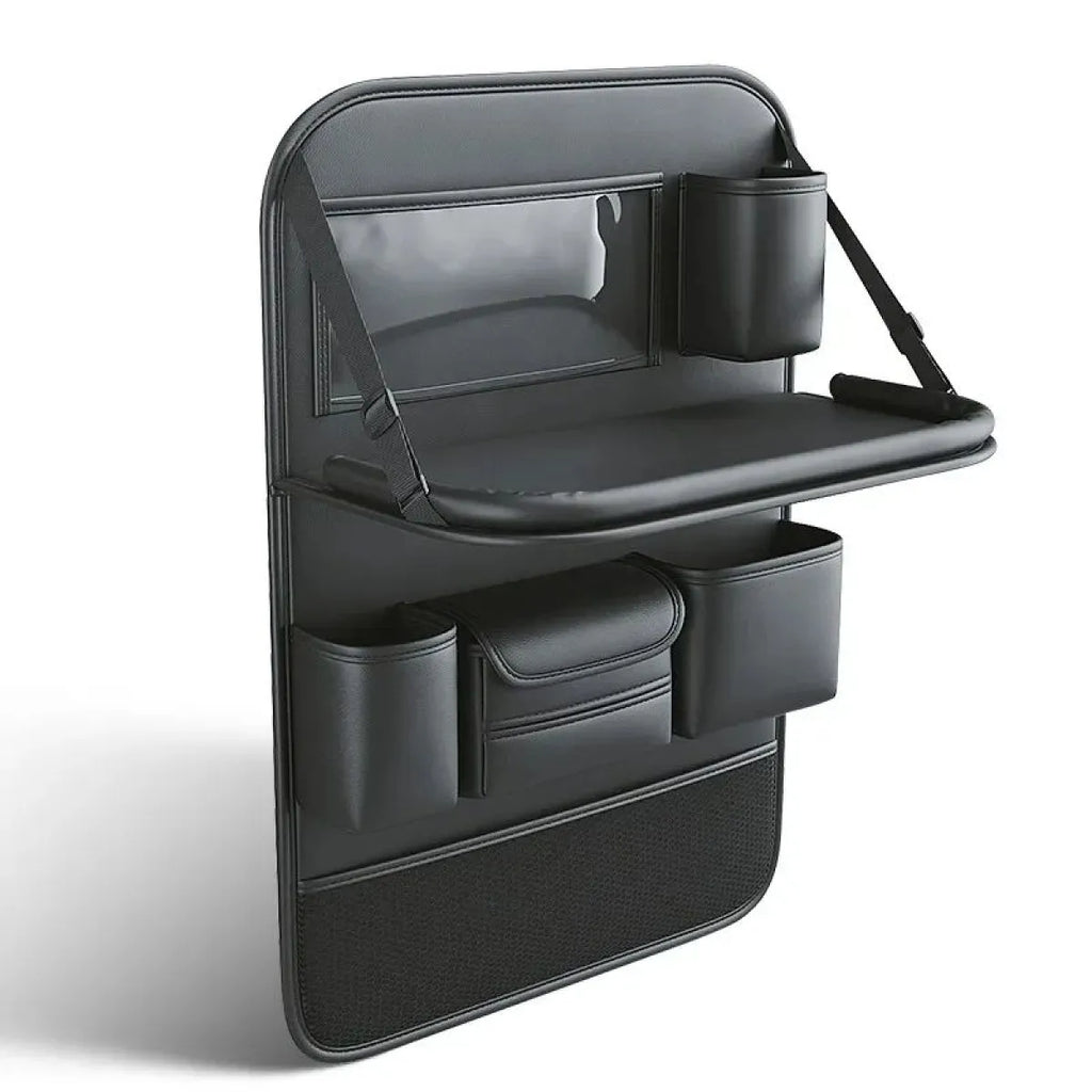 Car back seat organizer with foldable tray and tablet holder