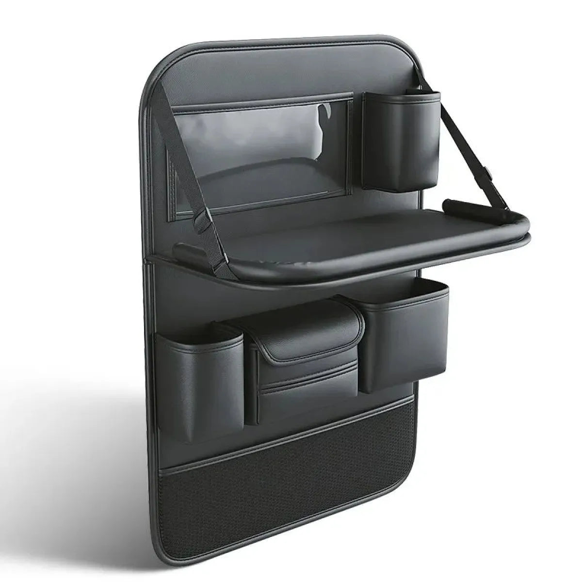 Car back seat organizer with foldable tray and tablet holder
