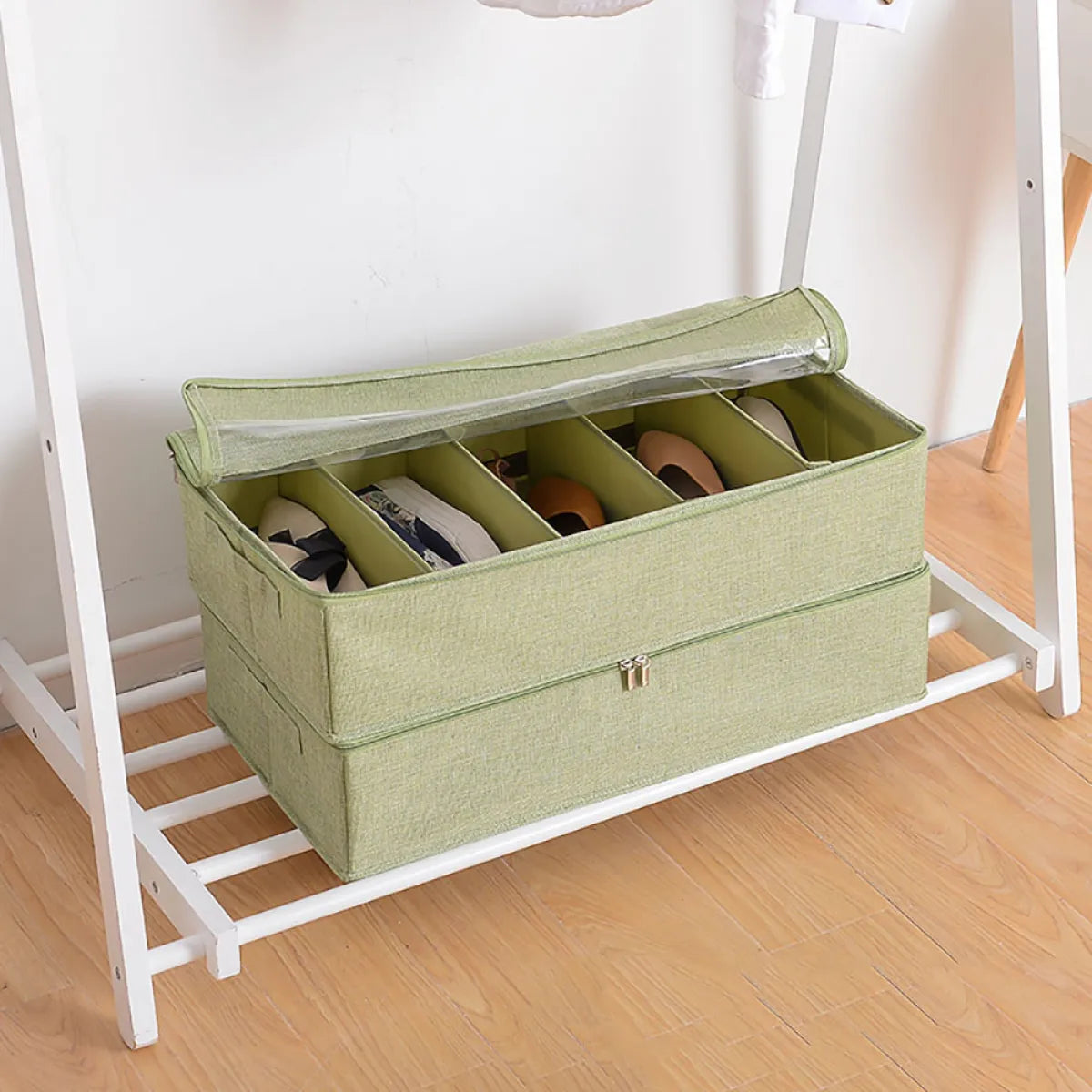 Foldable under-bed storage box with compartments