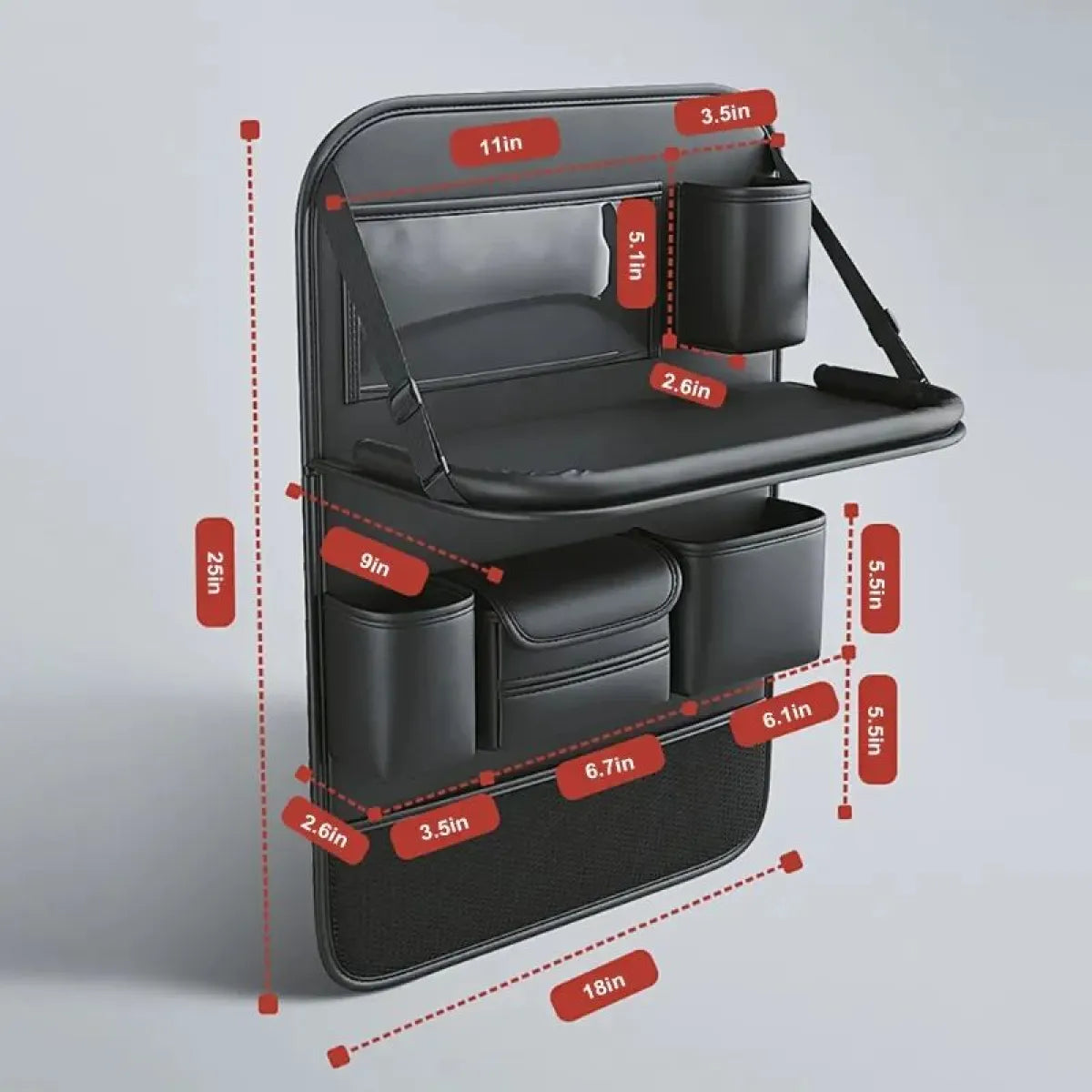 Car seat organizer tray in use