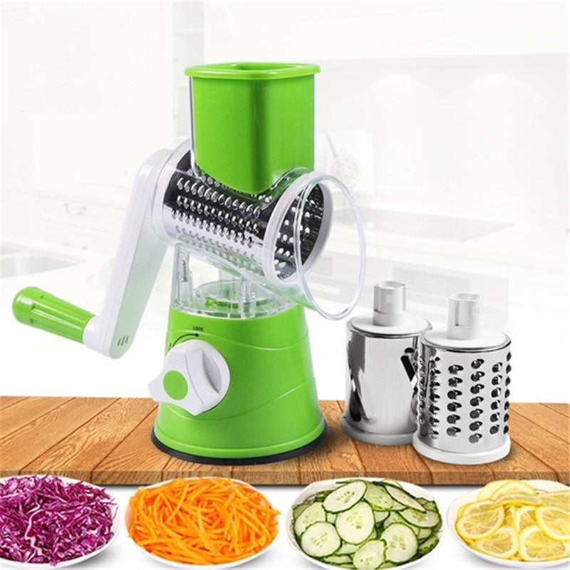Rotary drum vegetable slicer and grater set